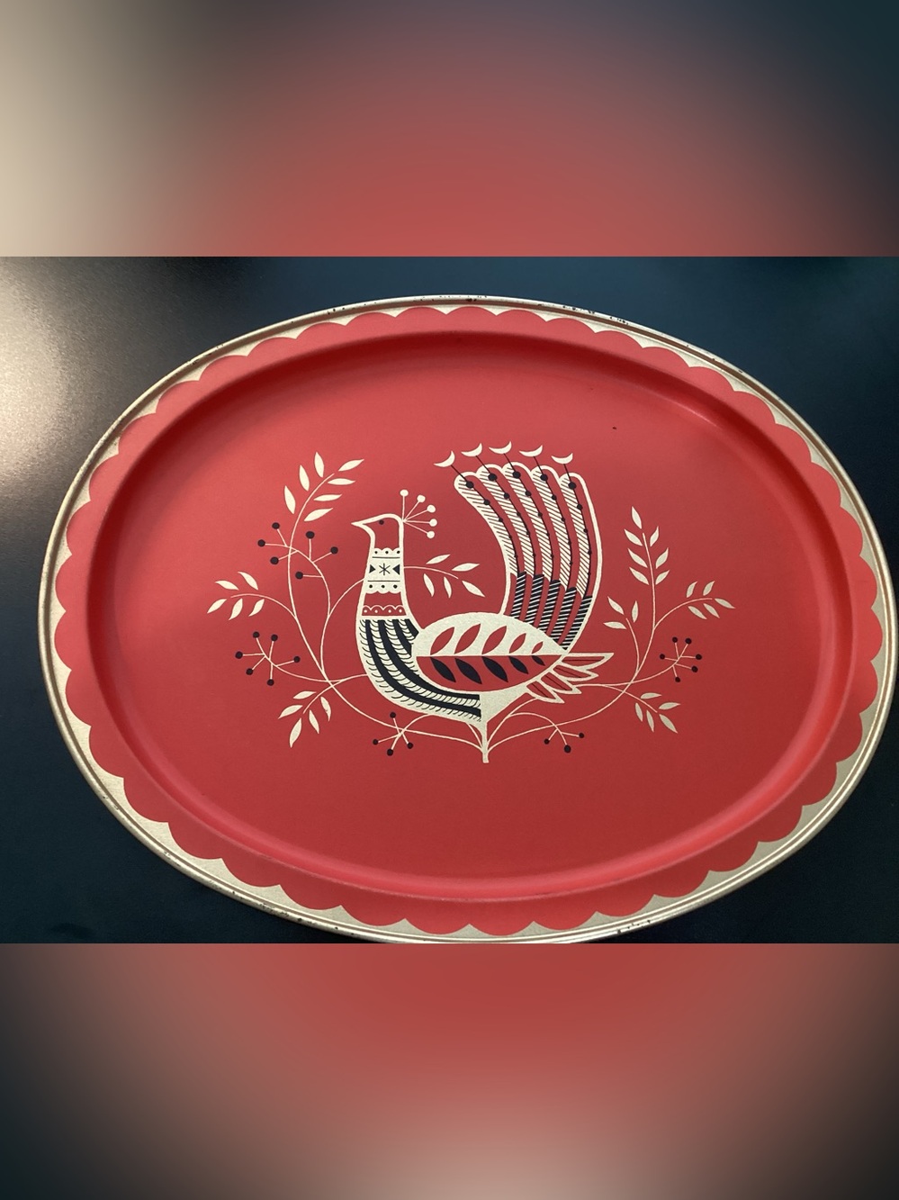 Vtg. Fab craft Mid-Century-Modern Peacock Oval orange/red/rusty metal/tray